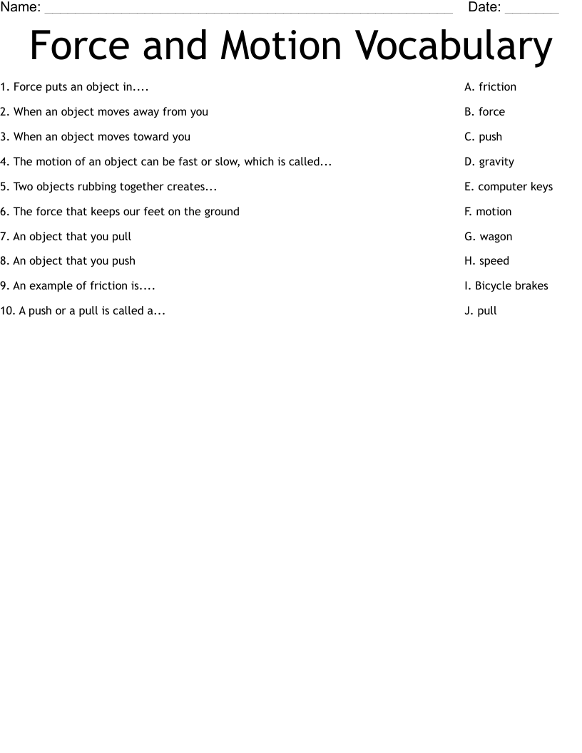 Force And Motion Vocabulary Worksheet WordMint