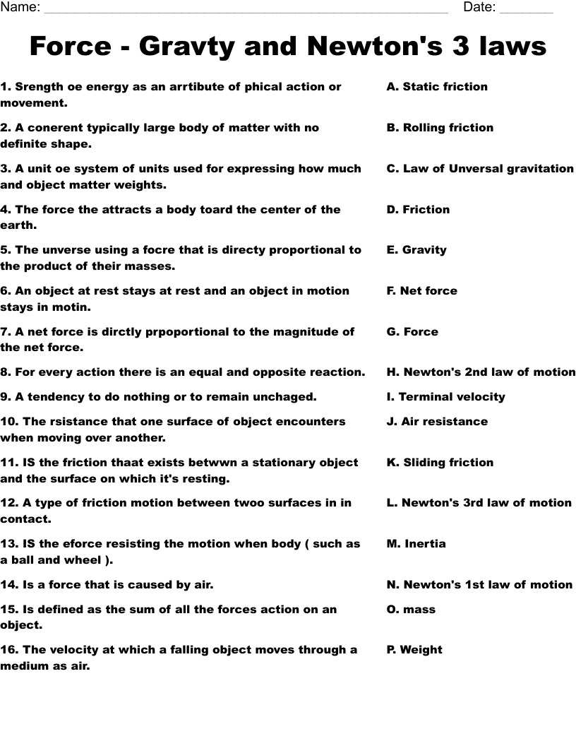 Force Gravty And Newton s 3 Laws Worksheet WordMint