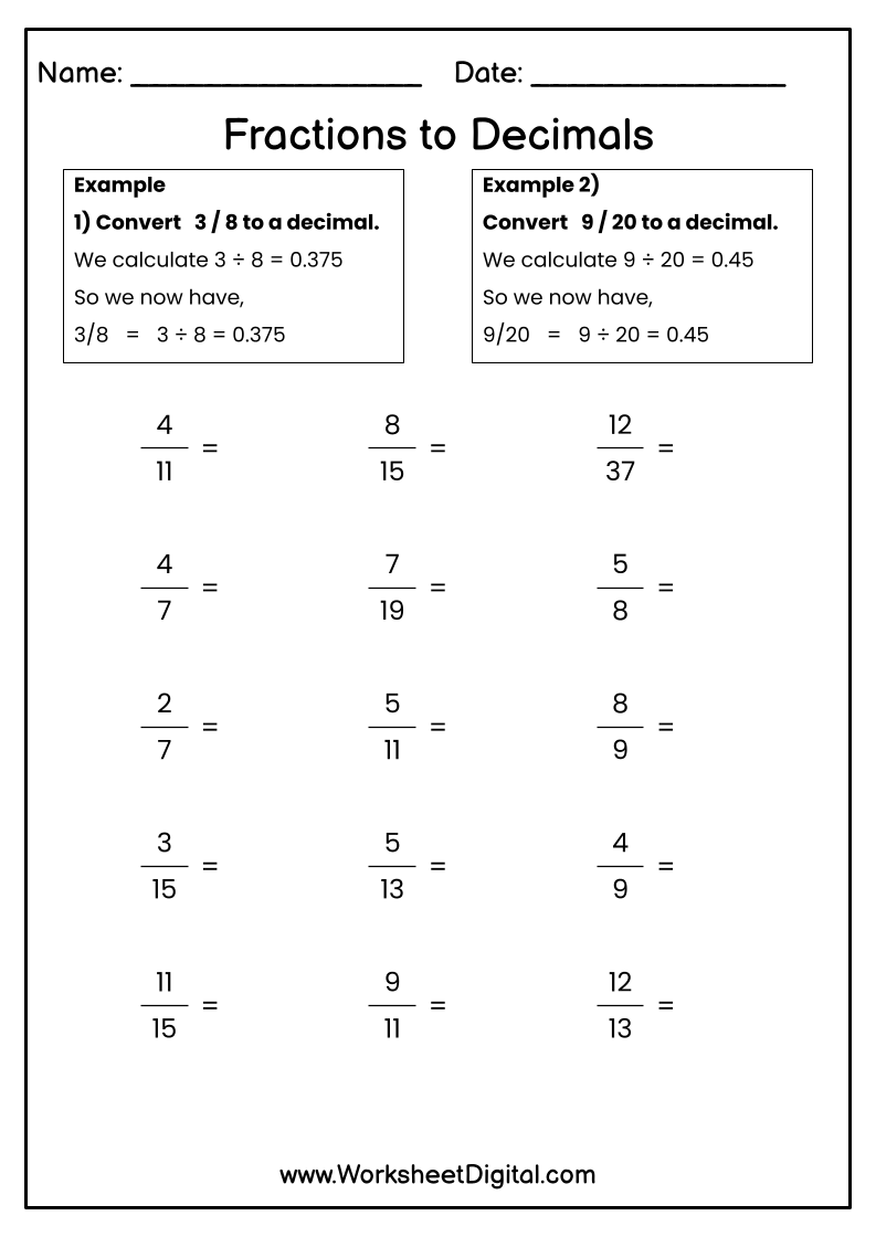 fraction to decimal worksheet
