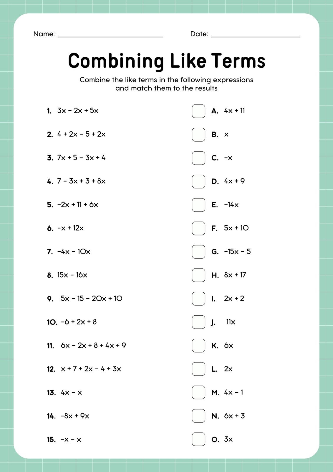 Free Custom Combining Like Terms Worksheet Templates Canva