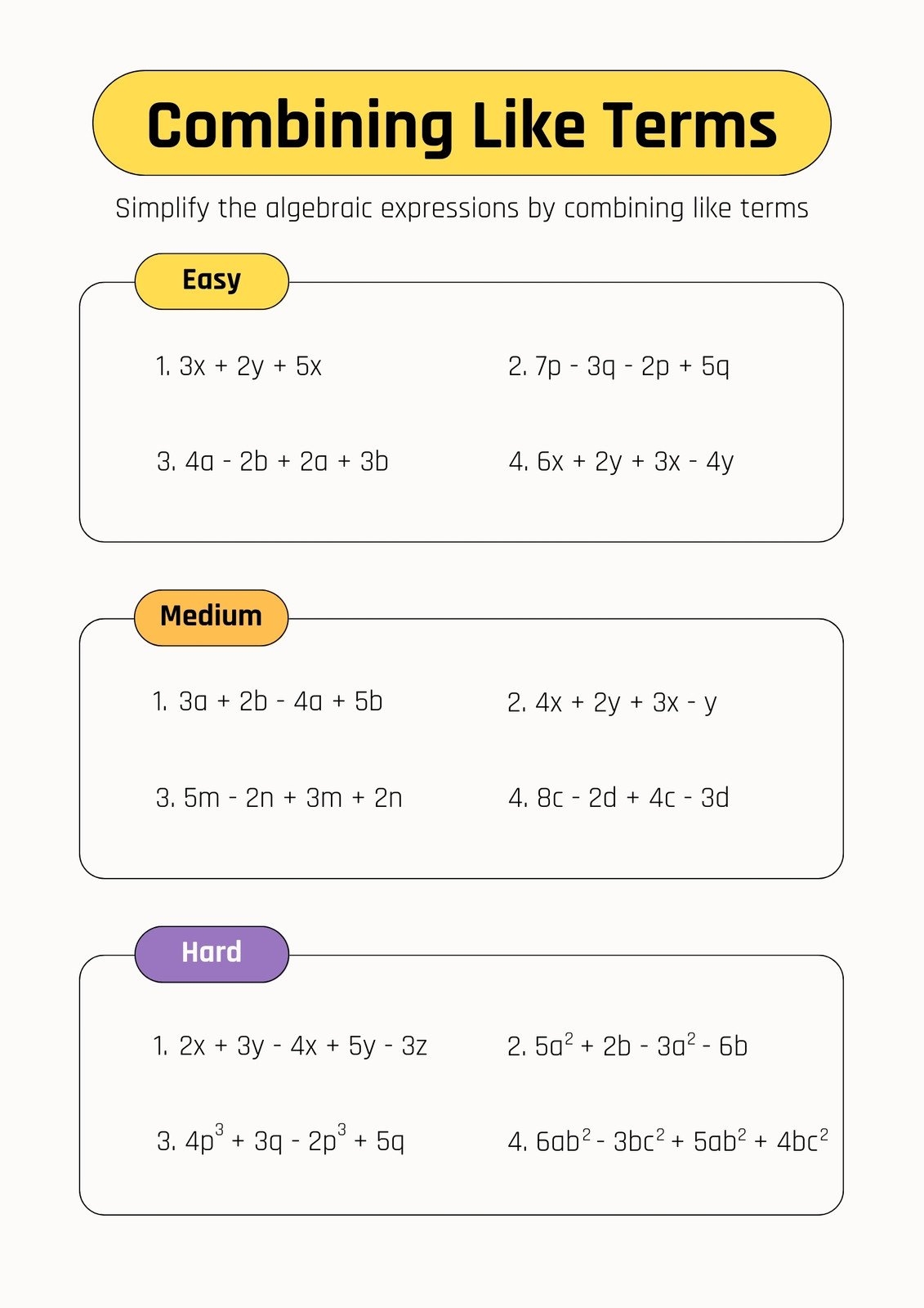 Free Custom Combining Like Terms Worksheet Templates Canva Free Custom Combining Like Terms Worksheet Templates Canva