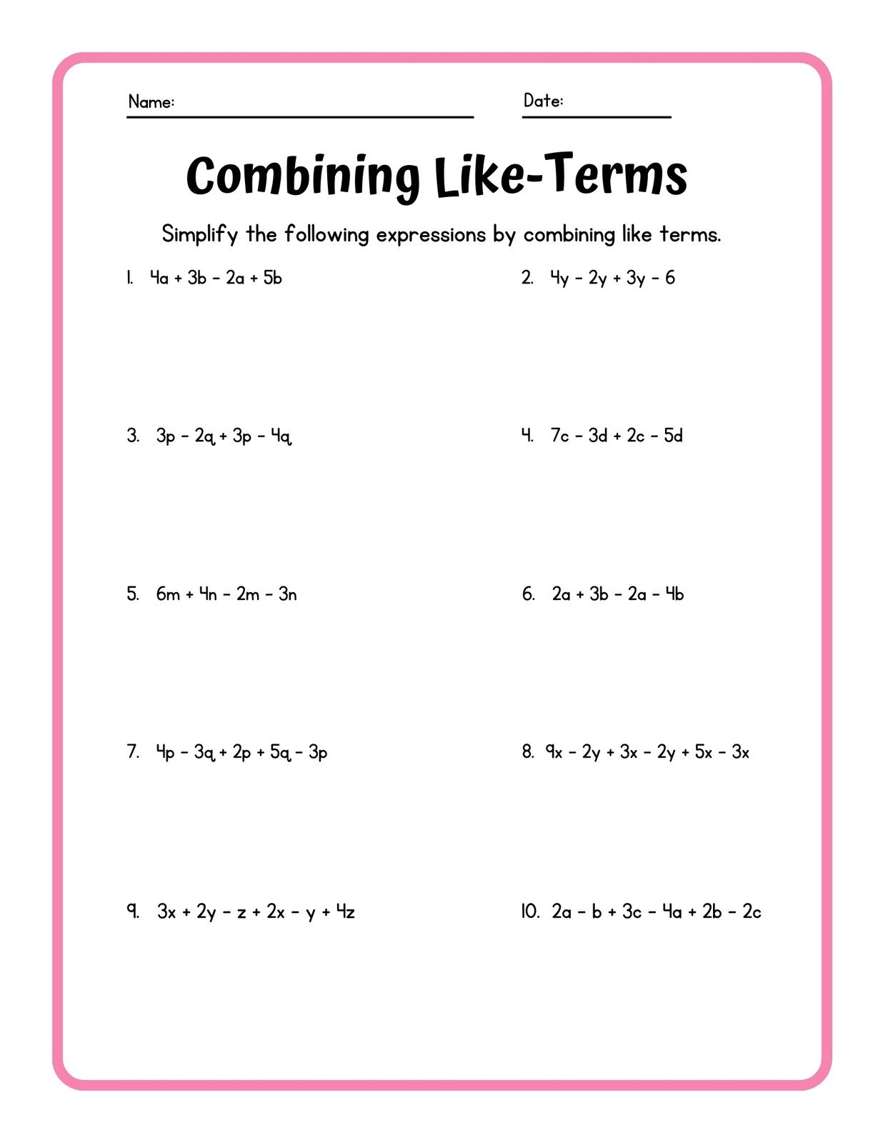 combining like terms elementary worksheet combining like terms elementary worksheet