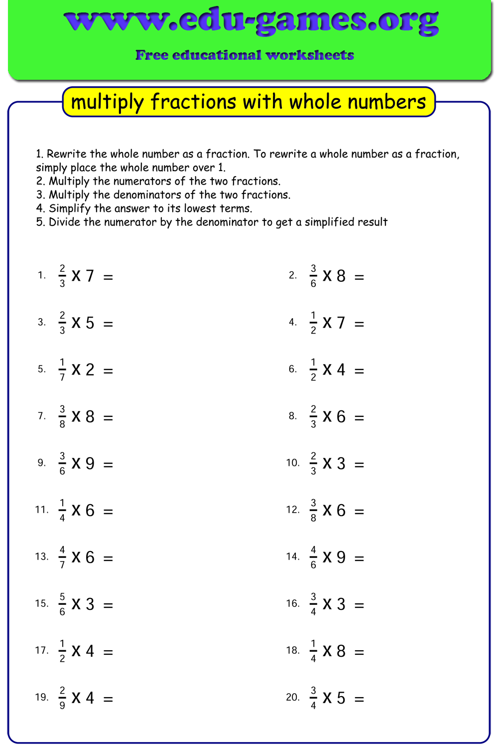 multiplying fractions and whole numbers worksheet