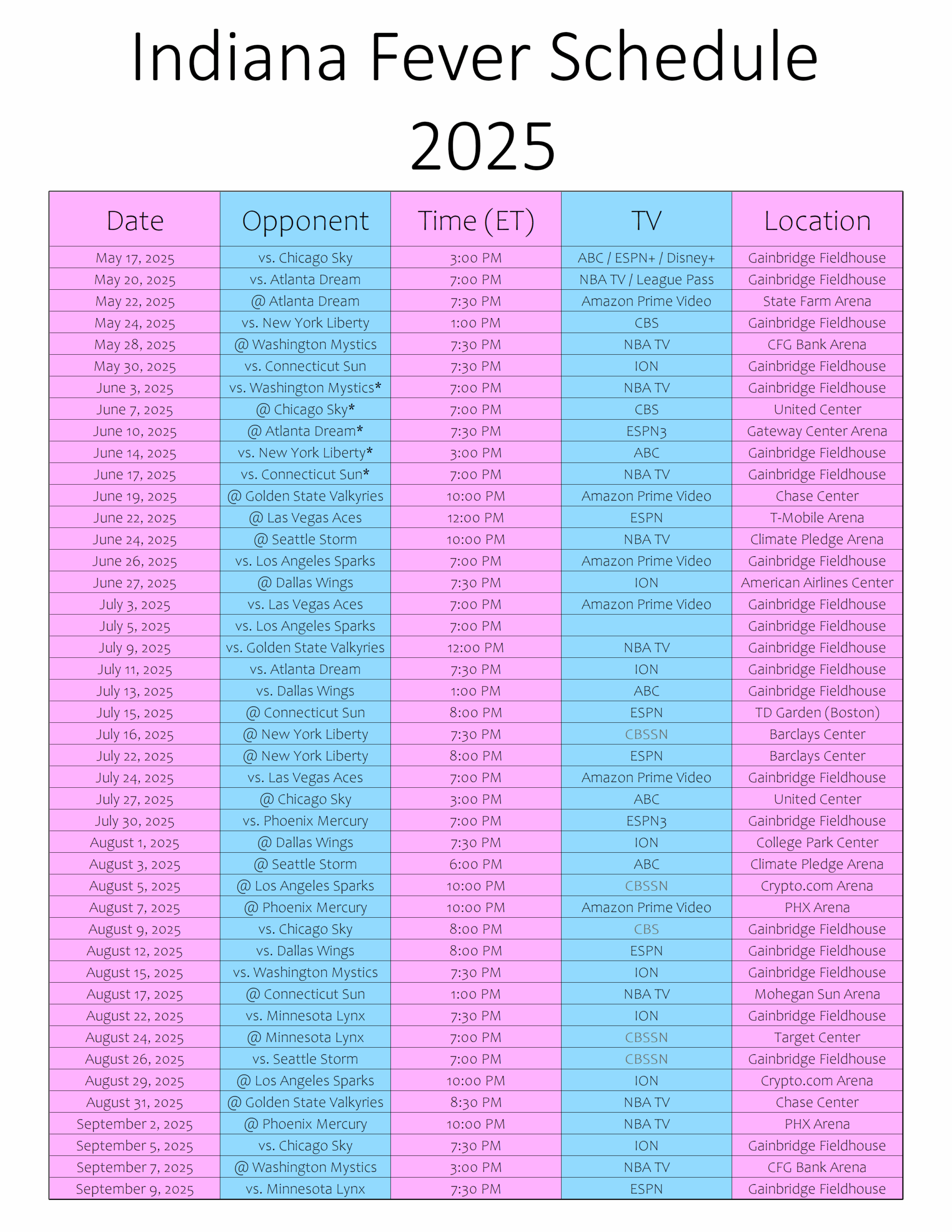 indiana fever schedule 2025 printable