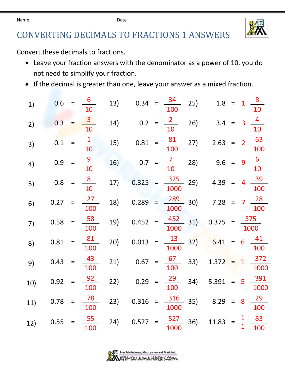 Free Printable Converting Decimals To Fractions Worksheets Worksheets Library