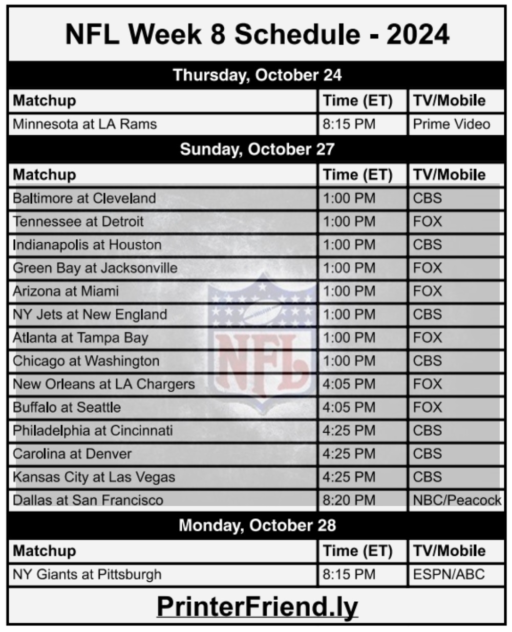Free Printable NFL Week 8 Schedule Archives Printerfriendly