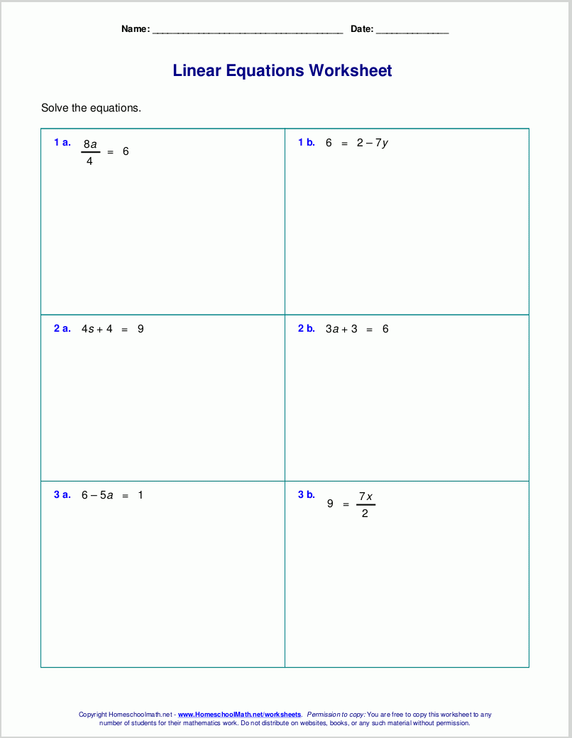 Free Worksheets For Linear Equations grades 6 9 Pre algebra Algebra 1 