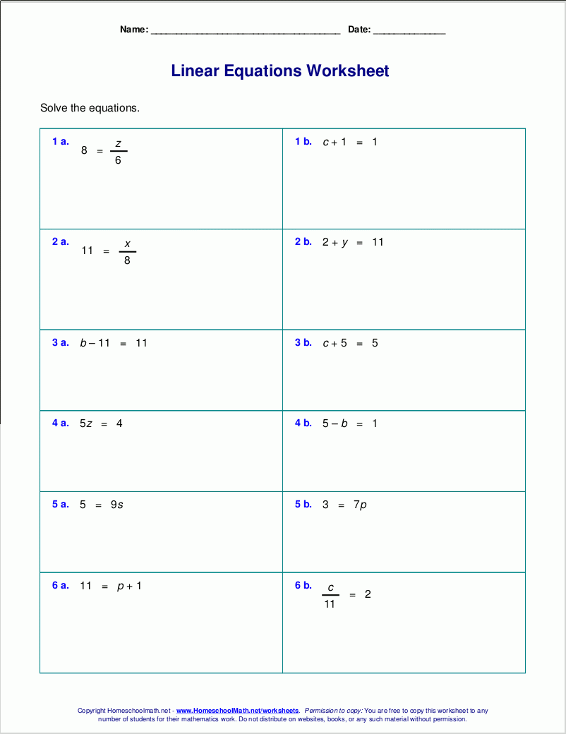 Free Worksheets For Linear Equations grades 6 9 Pre algebra Algebra 1  Free Worksheets For Linear Equations grades 6 9 Pre algebra Algebra 1