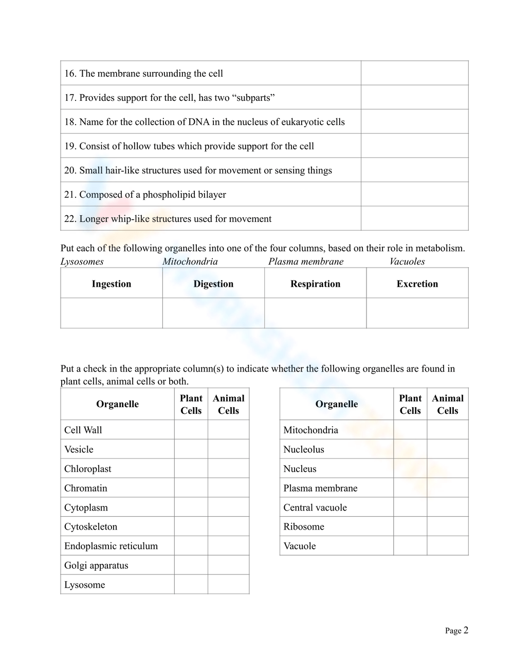 biology cell organelles worksheet