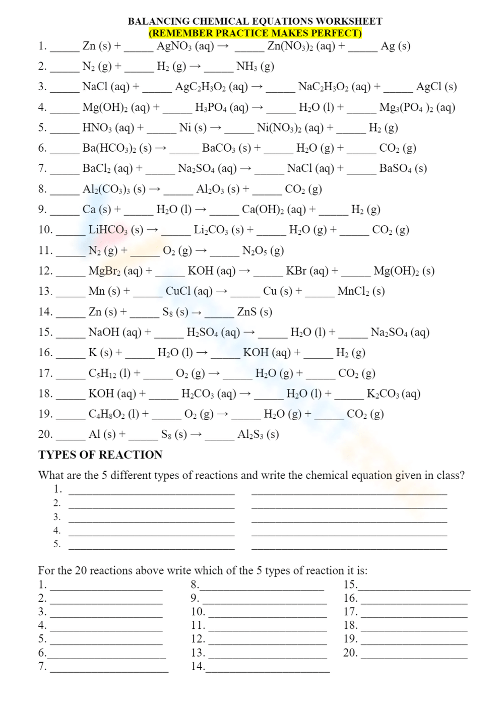 balancing chemical equations chemistry worksheet