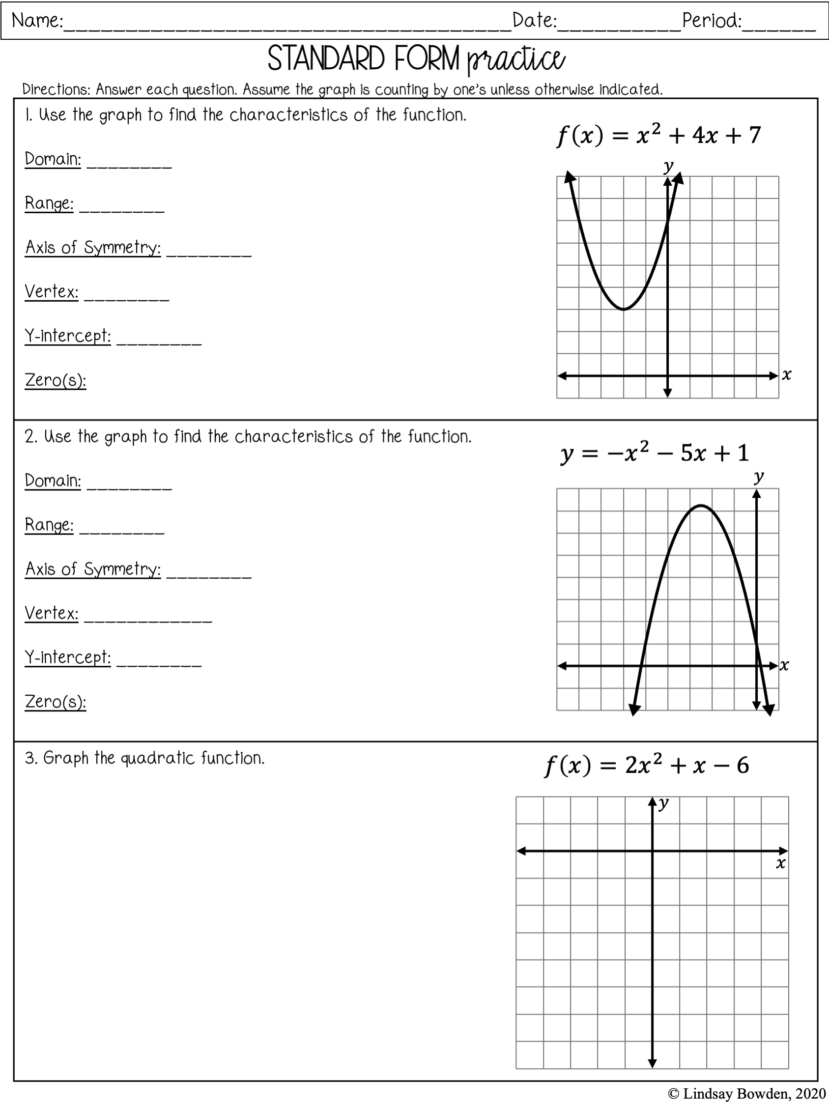 Graphing Quadratics Notes And Worksheets Lindsay Bowden Worksheets Library