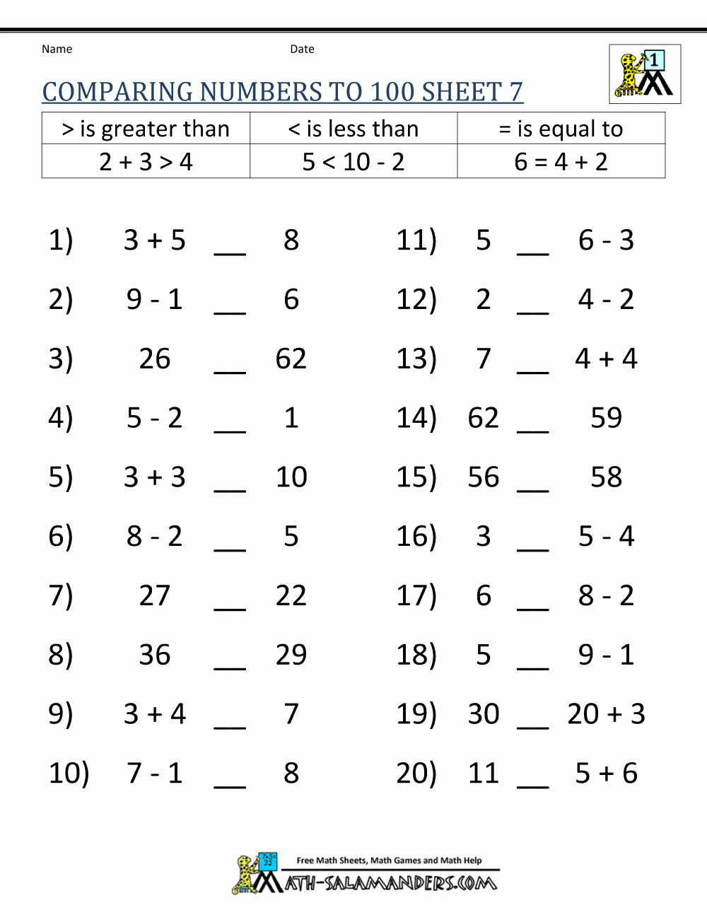 Greater Than Less Than Worksheet Comparing Numbers To 100