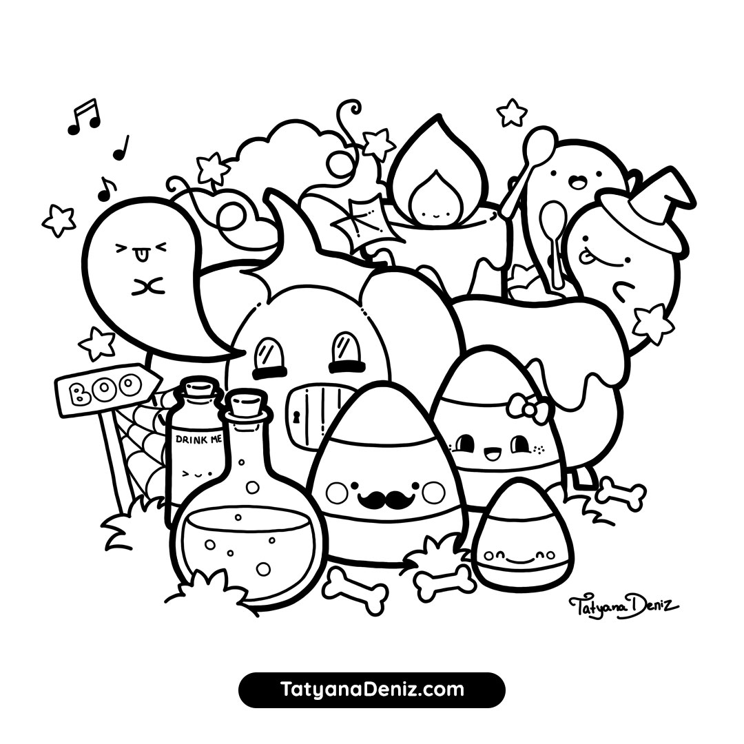 Halloween Coloring Page Kawaii Doodle Style FREE Printable PDF Halloween Coloring Page Kawaii Doodle Style FREE Printable PDF