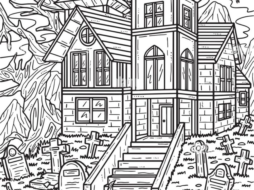 Halloween Haunted House Coloring Page For Adults Stock Vector Image Art Alamy