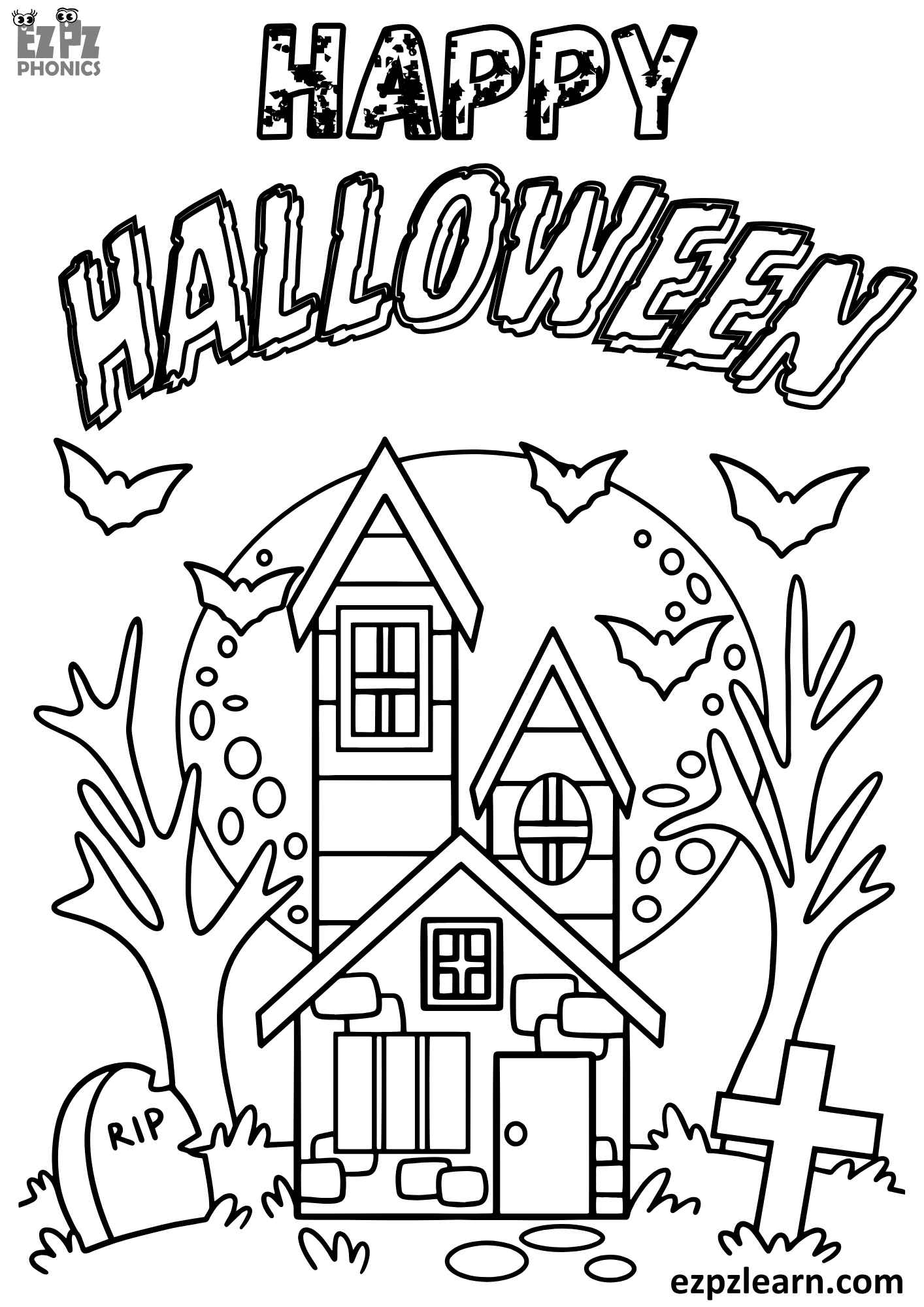 Happy Halloween Coloring Page Haunted House Free Printable PDF Download Ezpzlearn Happy Halloween Coloring Page Haunted House Free Printable PDF Download Ezpzlearn