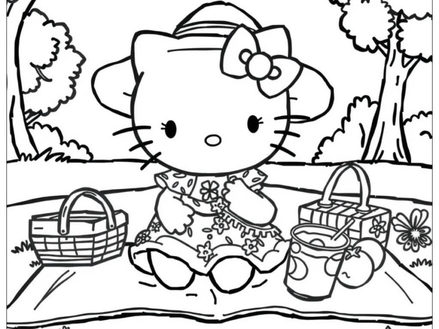 Hello Kitty Going On A Summer Picnic 2 Coloring Page Free PDF PNG Printable