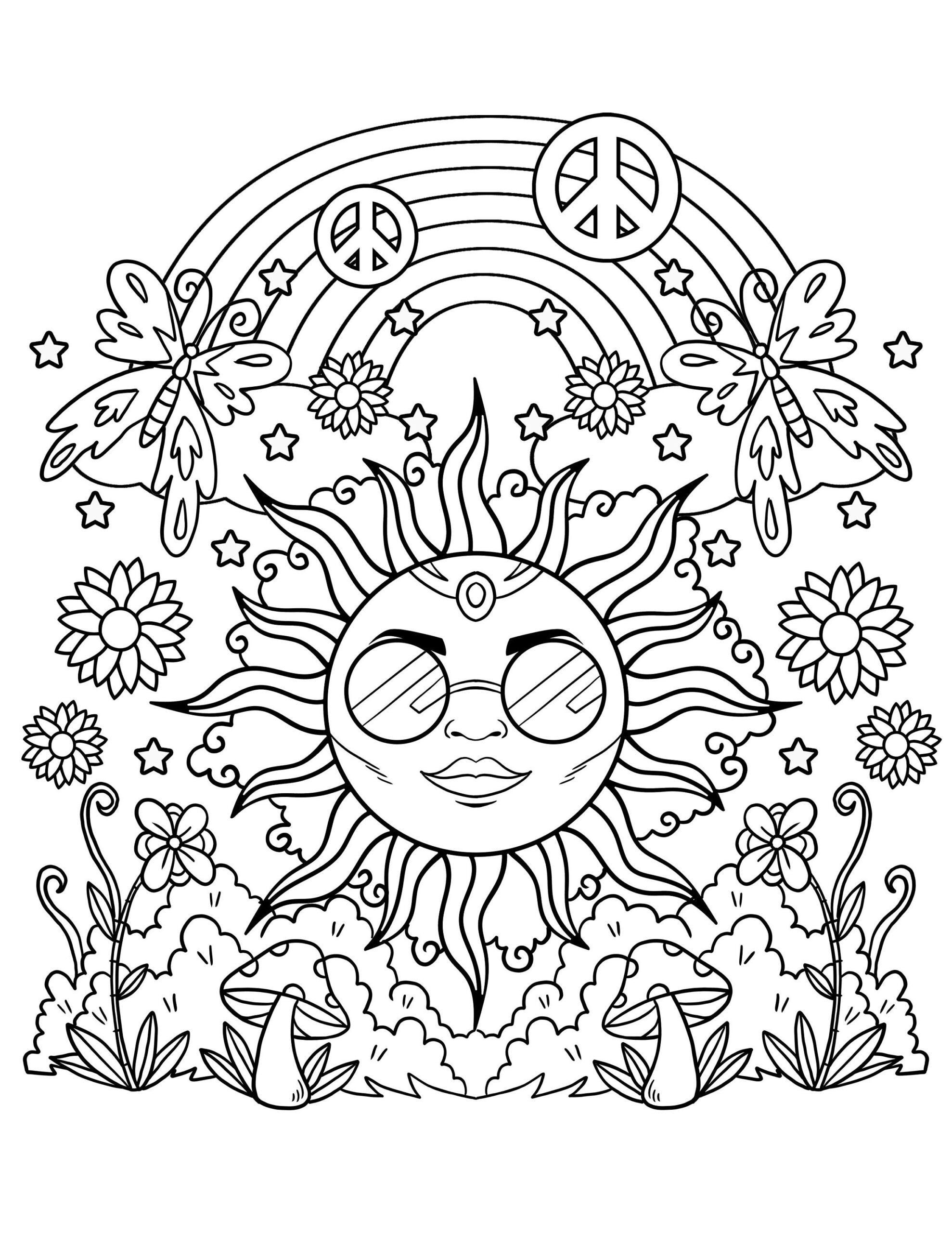 Hippie Printable Coloring Pages Sun Rainbow Digital Download Trippy Coloring Book Etsy