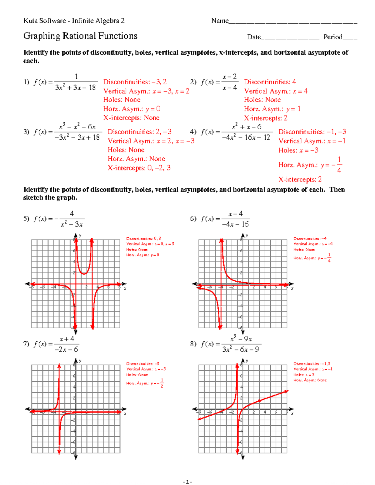 HW KEY Graphing Rational Functions Discontinuities Asymptotes Studocu