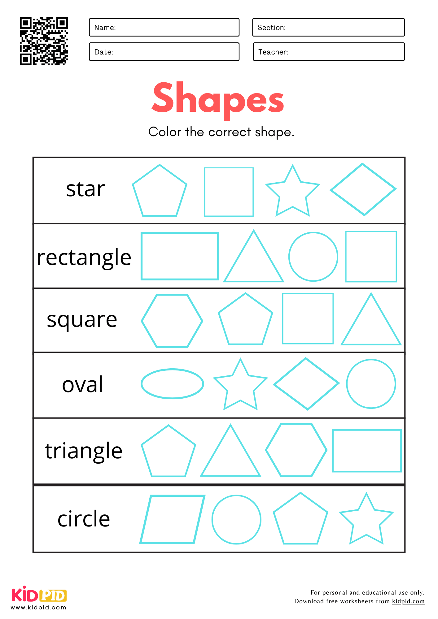 Identify 2D Shapes Worksheet For Kindergarten Kidpid Identify 2D Shapes Worksheet For Kindergarten Kidpid
