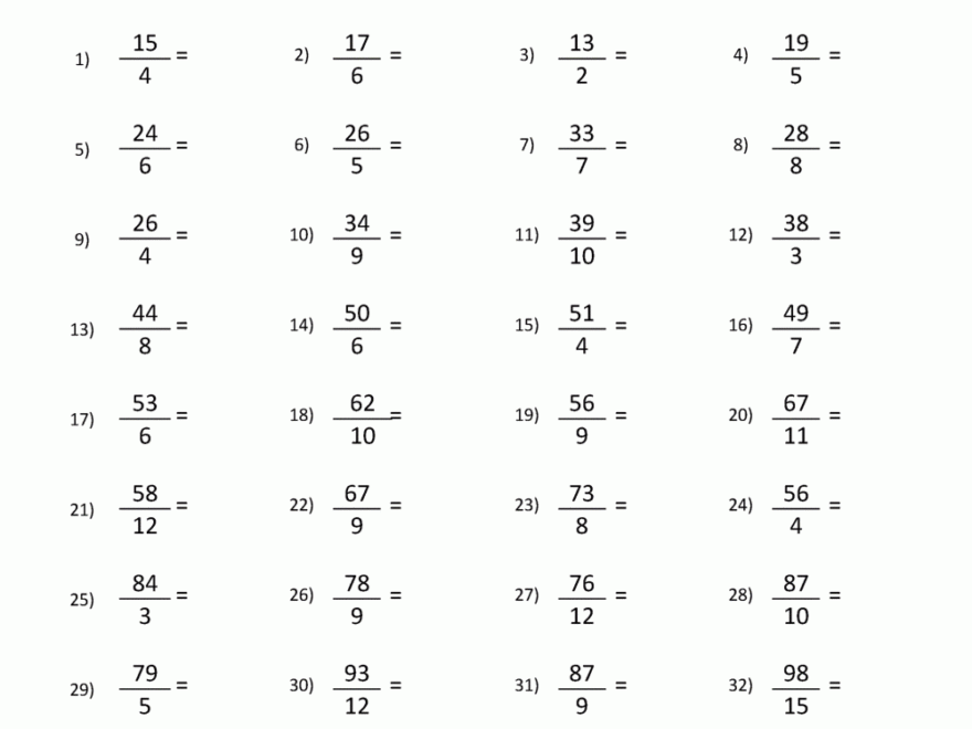 Improper Fraction Worksheets