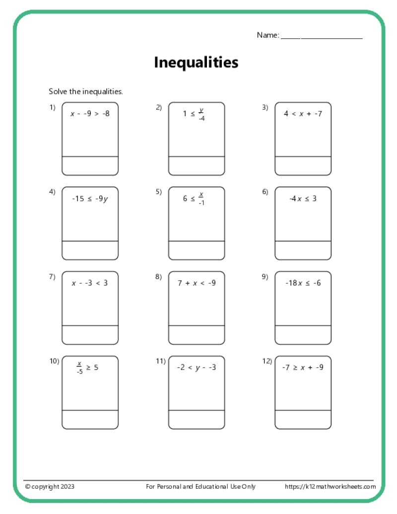 one step inequalities worksheet