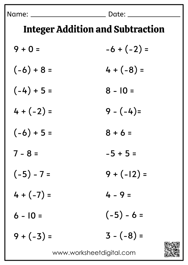 integer addition and subtraction worksheet integer addition and subtraction worksheet