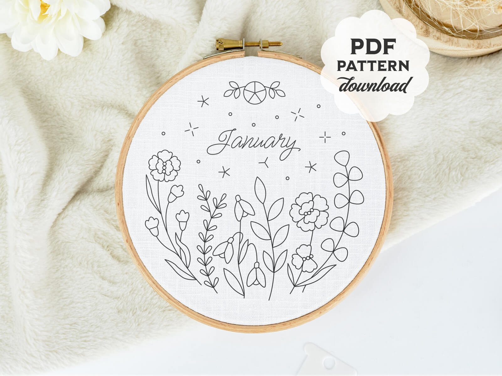 January Birth Month Flowers Outline Hand Embroidery Pattern Januelle January Birth Month Flowers Outline Hand Embroidery Pattern Januelle