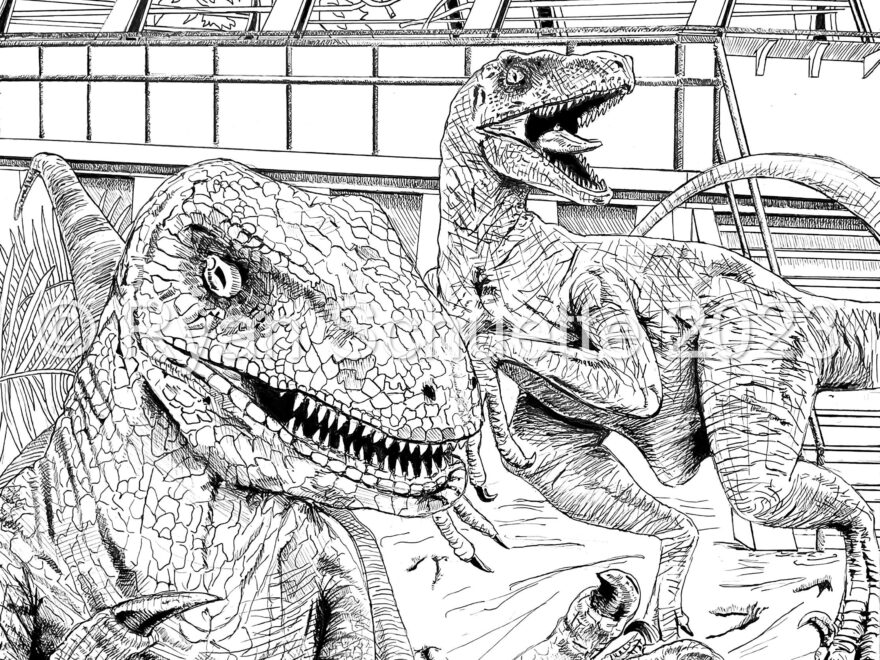 Jurassic Park Velociraptor Jurassic World Coloring Printable Adult Coloring Page Instant Download Grayscale Illustration Etsy