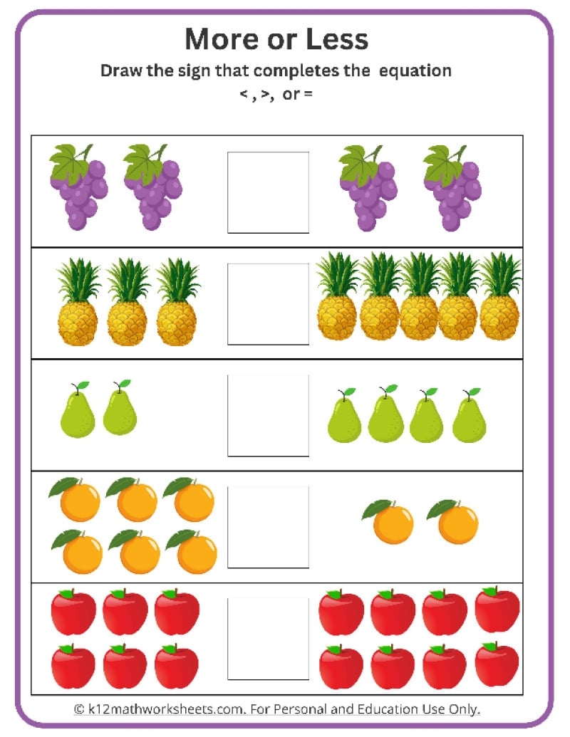 less than more than worksheets less than more than worksheets
