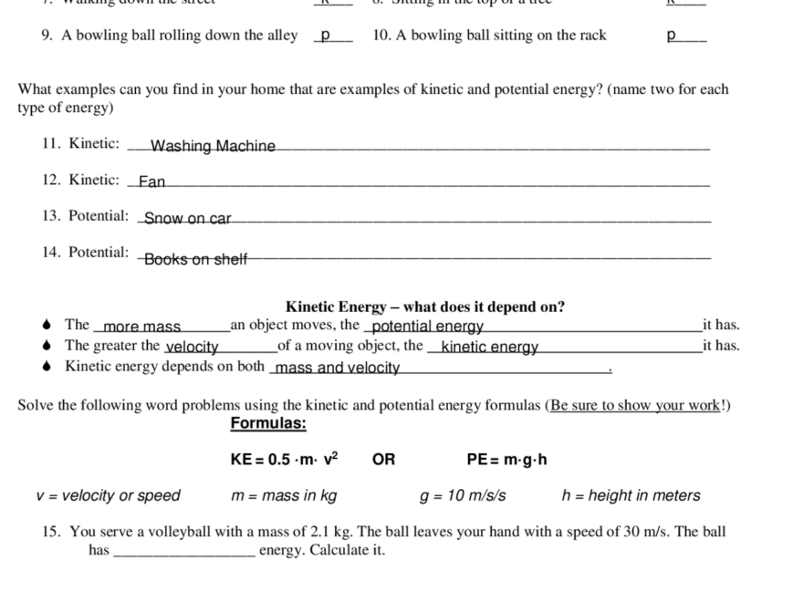 Kinetic And Potential Energy Worksheet pdf Assignments Computer Science Docsity