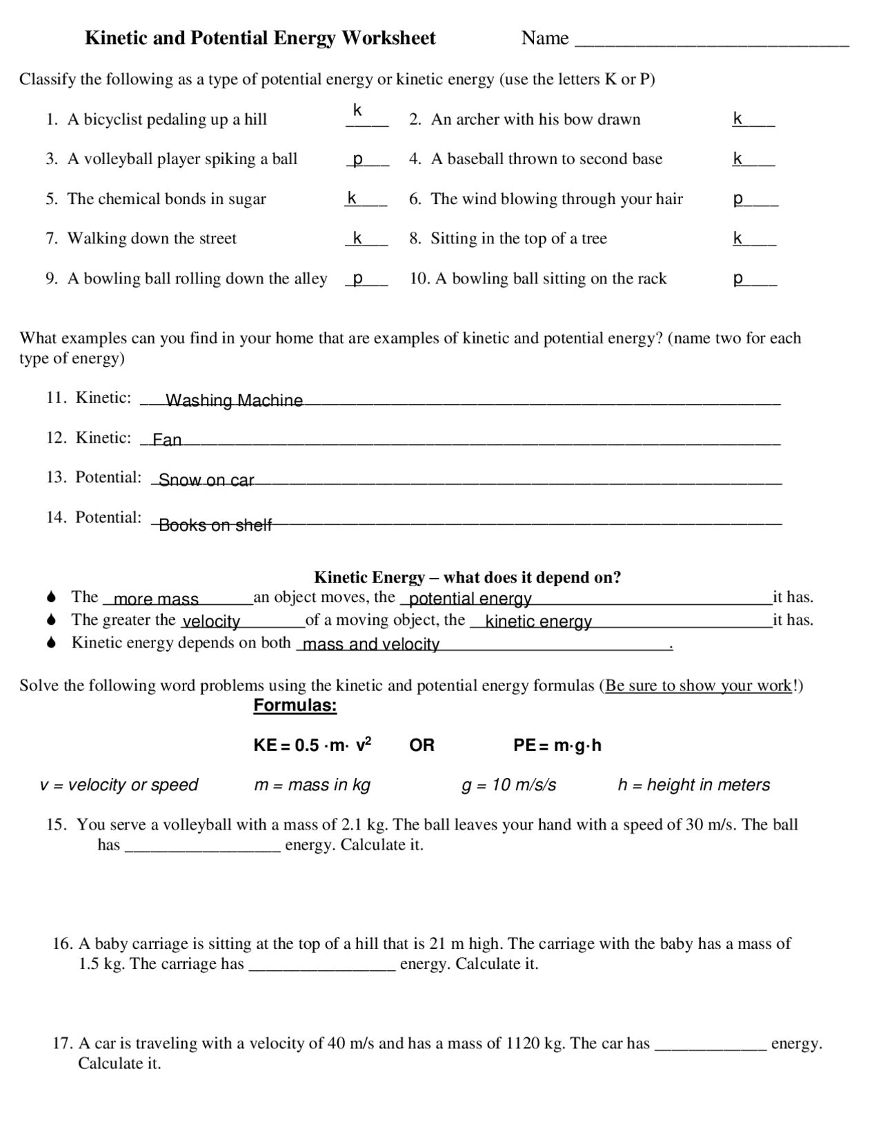 Kinetic And Potential Energy Worksheet pdf Assignments Computer Science Docsity Kinetic And Potential Energy Worksheet pdf Assignments Computer Science Docsity