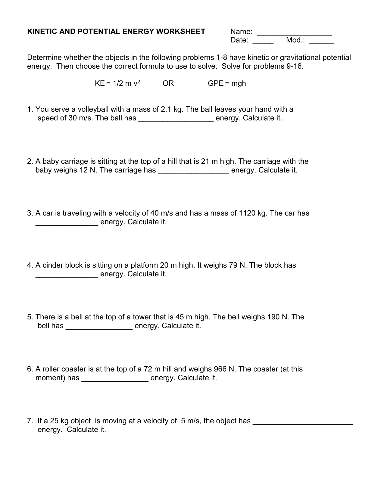 kinetic and potential energy worksheet kinetic and potential energy worksheet