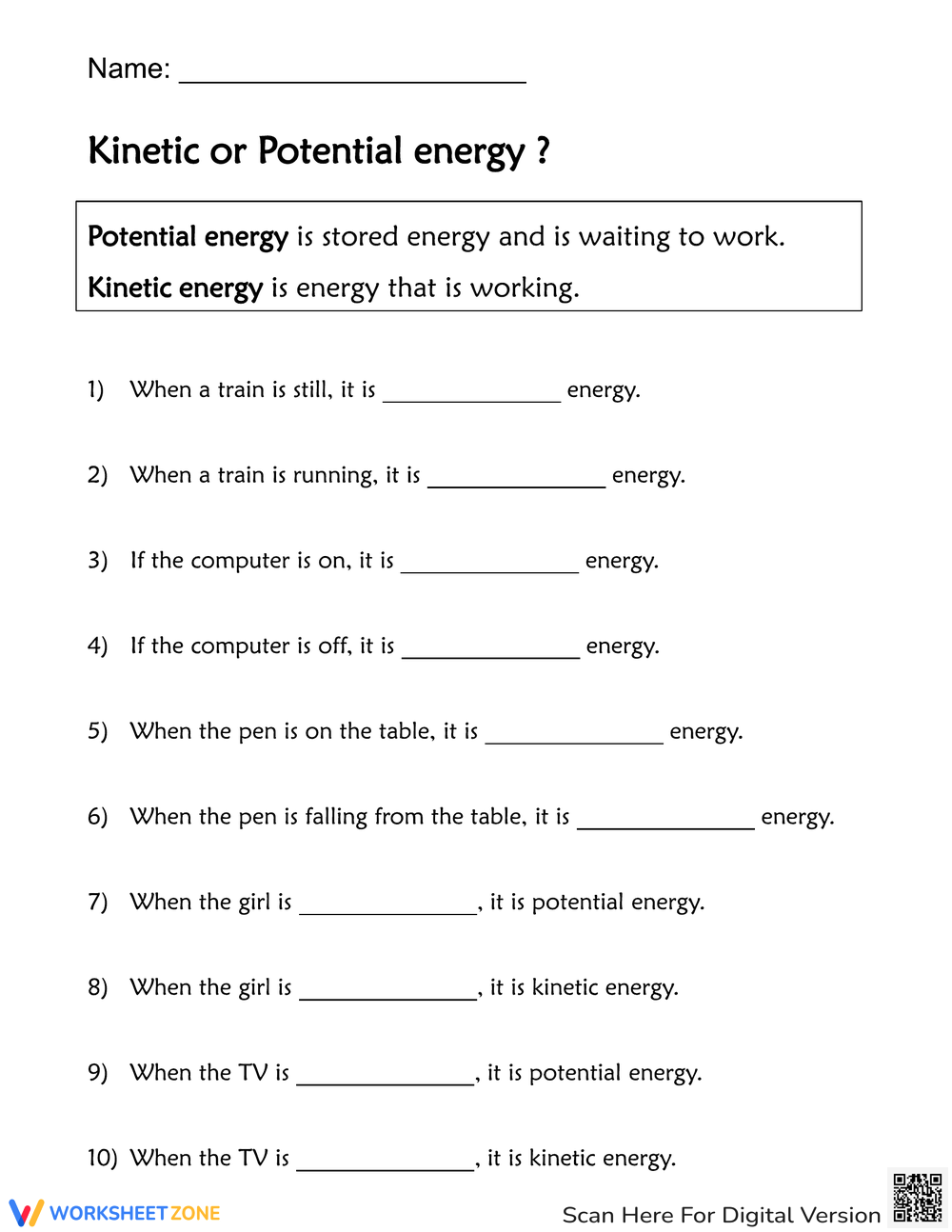 Kinetic And Potential Energy Worksheets Printable