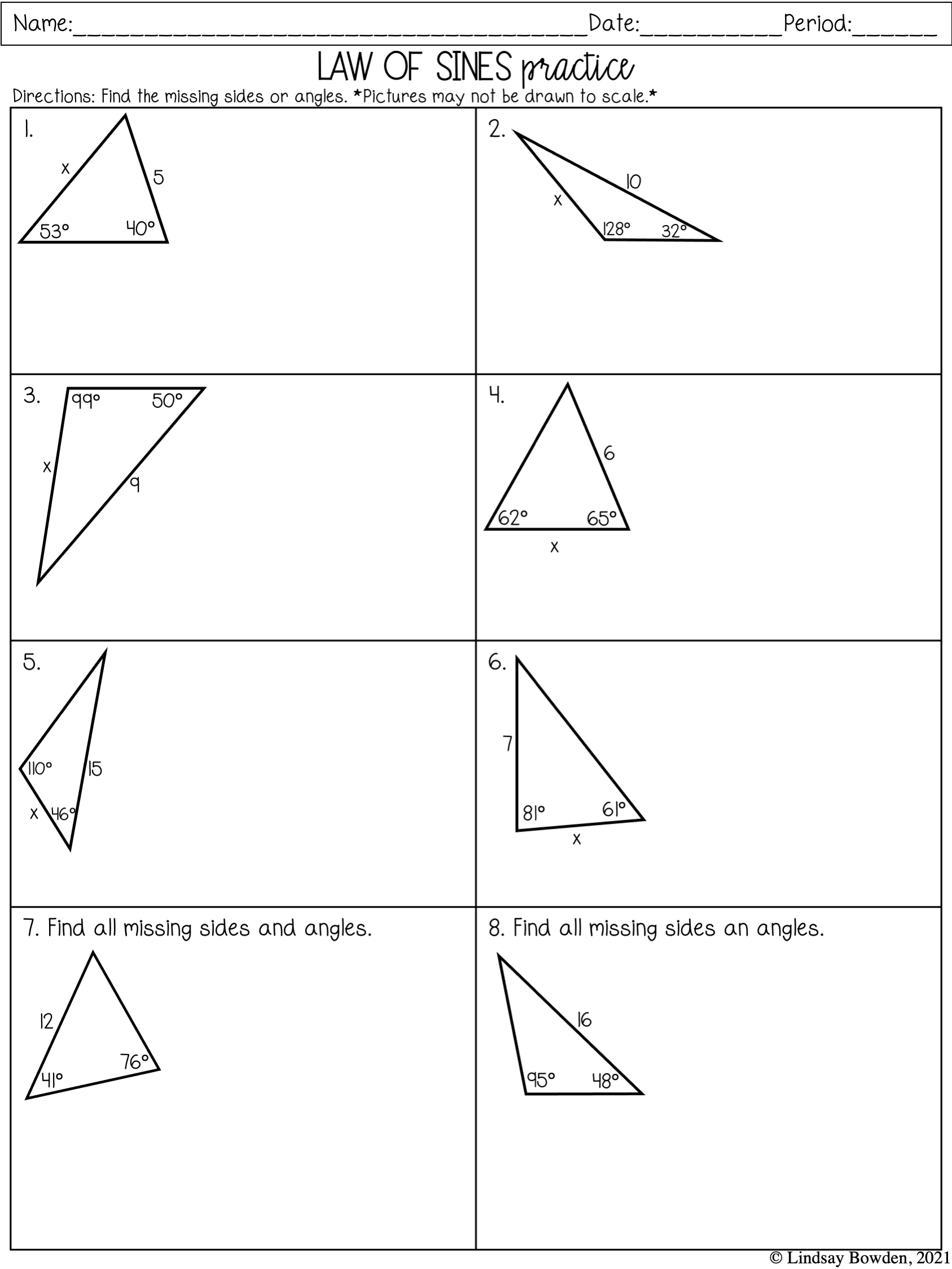 Law Of Sines And Cosines Notes And Worksheets Lindsay Bowden Worksheets Library