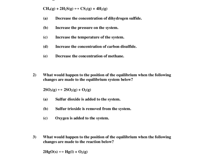 Le Chatelier s Principle Worksheet Exams Applied Chemistry Docsity