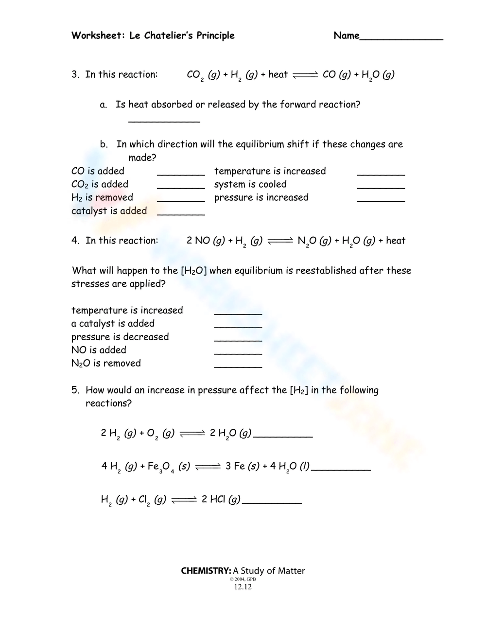 Le Chatelier s Principle Worksheets Printable Le Chatelier s Principle Worksheets Printable