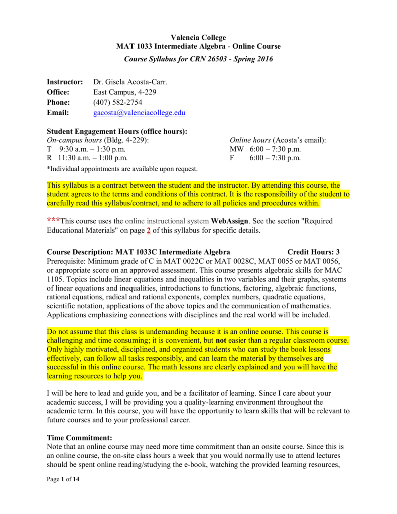 MAT 1033 Intermediate Algebra Online Course Syllabus