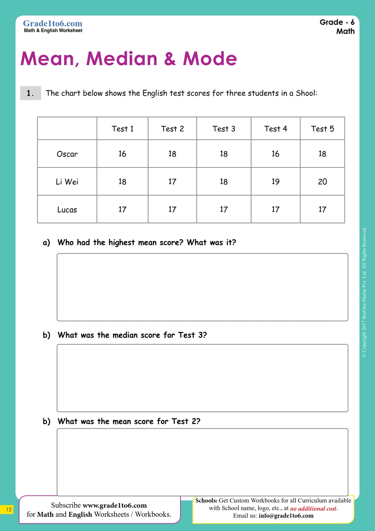 Mean Median And Mode Worksheets MYP 1 Grade 6