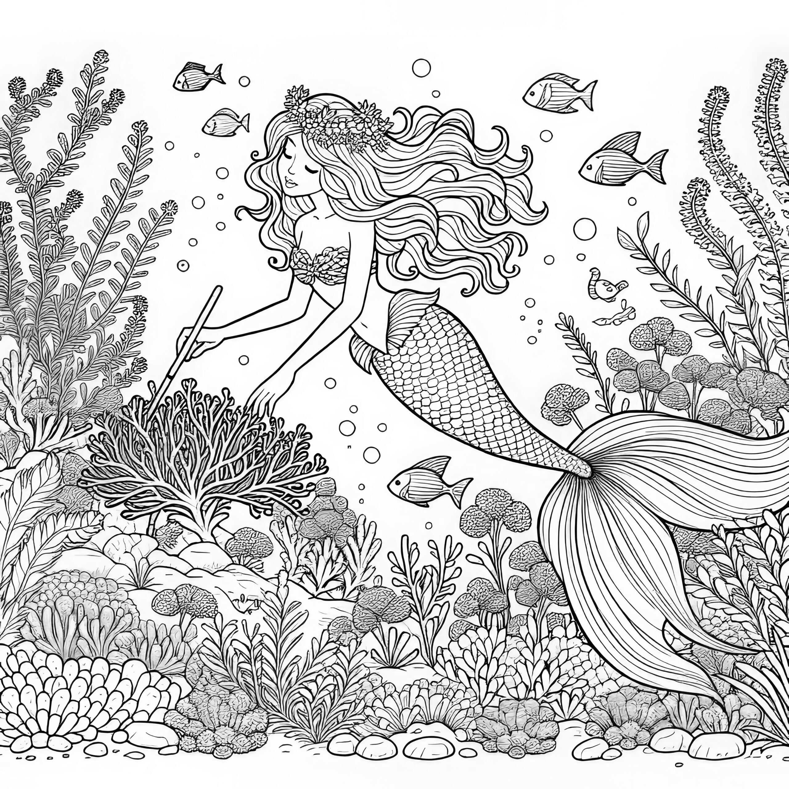 Mermaid With Coral And Fish Coloring Page For Adults Free 