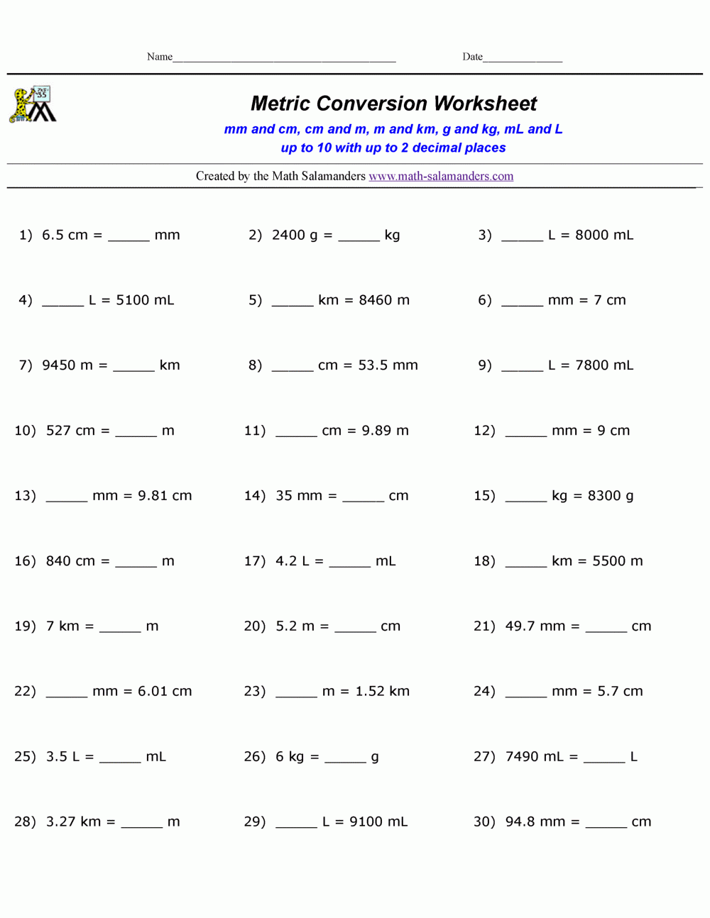 Metric Conversion Practice Worksheets