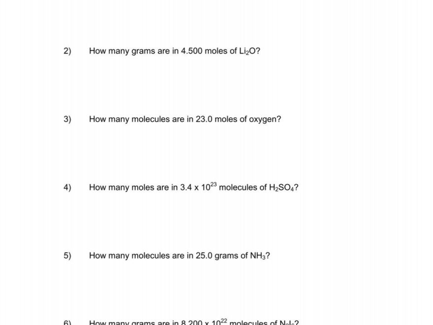 Mole Calculation Practice Worksheet