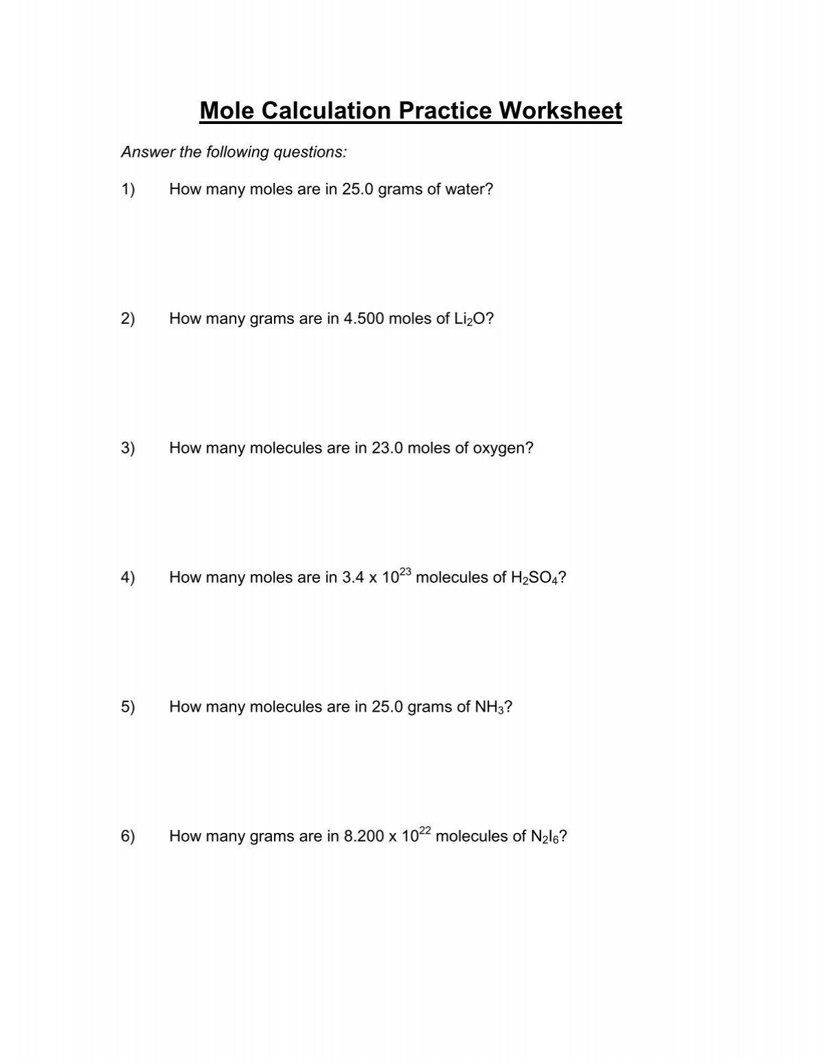 Mole Calculation Practice Worksheet
