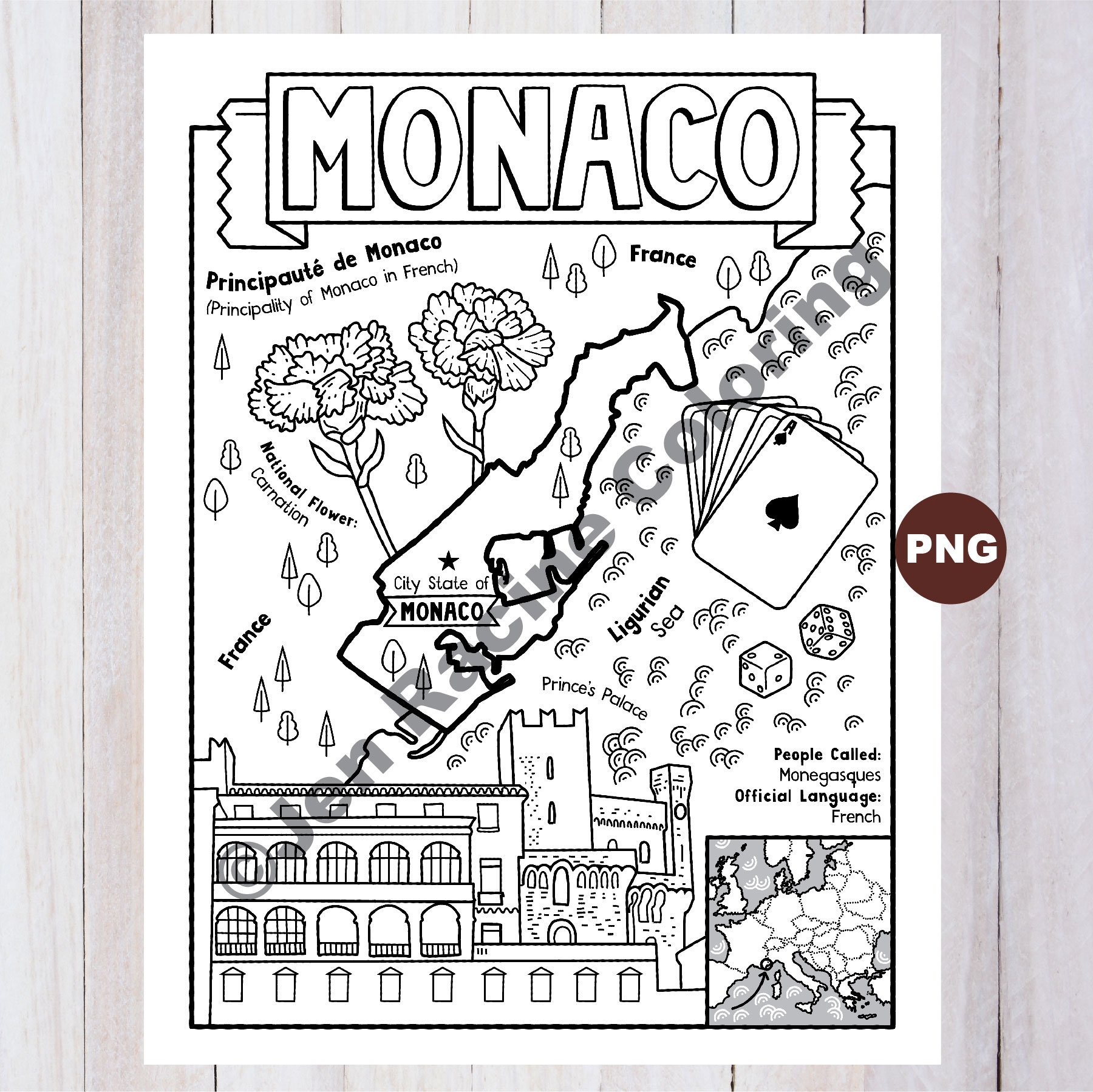 Monaco Coloring Page Geography Of Europe Digital Download Coloring Page Etsy