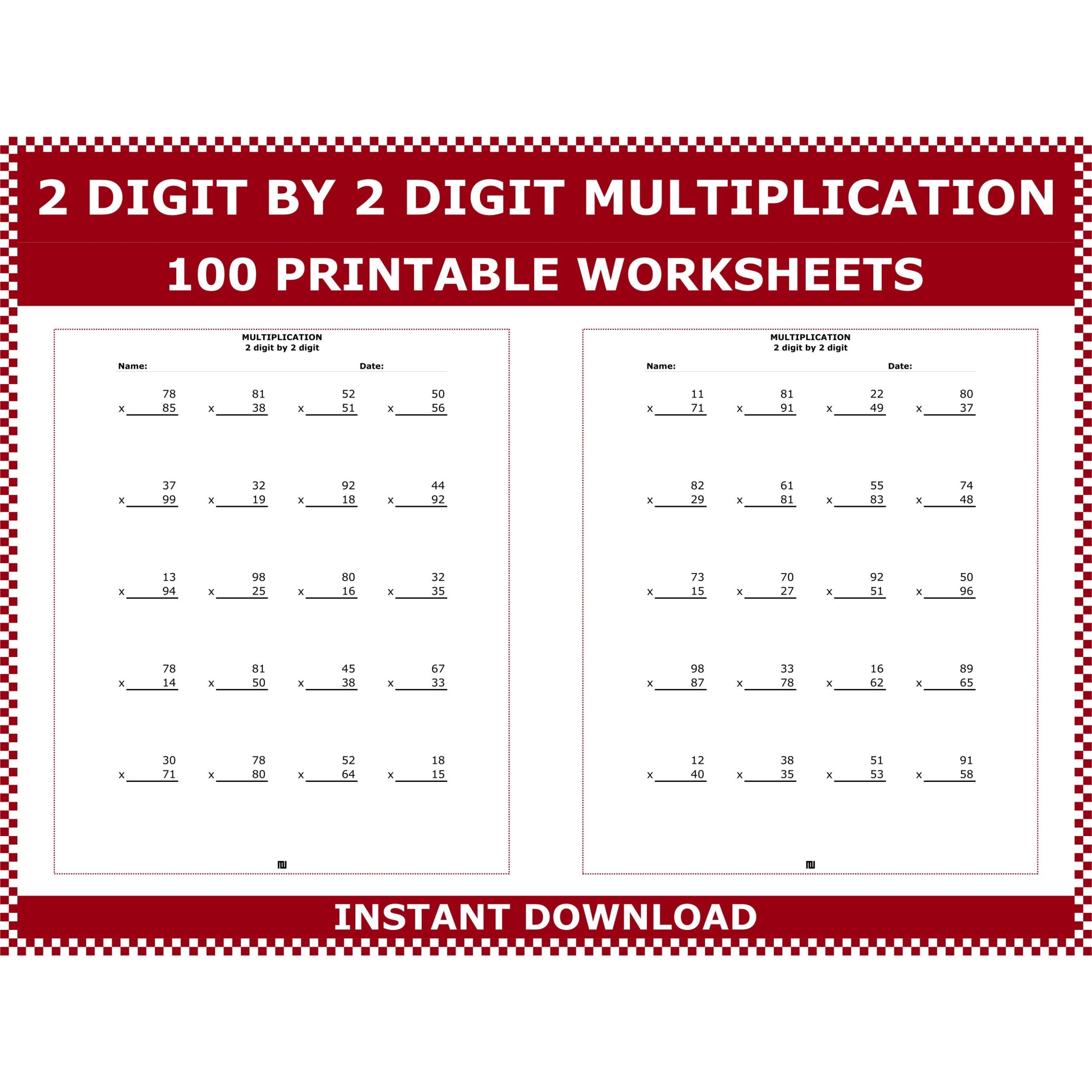 Multiplication 2 Digit By 2 Digit Numbers Double Digit Multiplication Practice Worksheets Multiply 2 X 2 Digits By Acminimalist Etsy