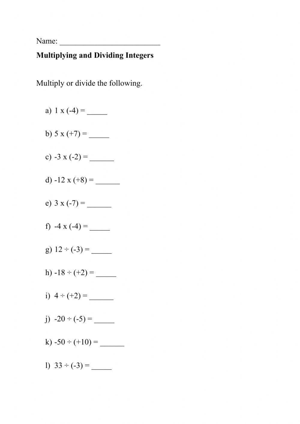 multiplying and dividing integers worksheet multiplying and dividing integers worksheet