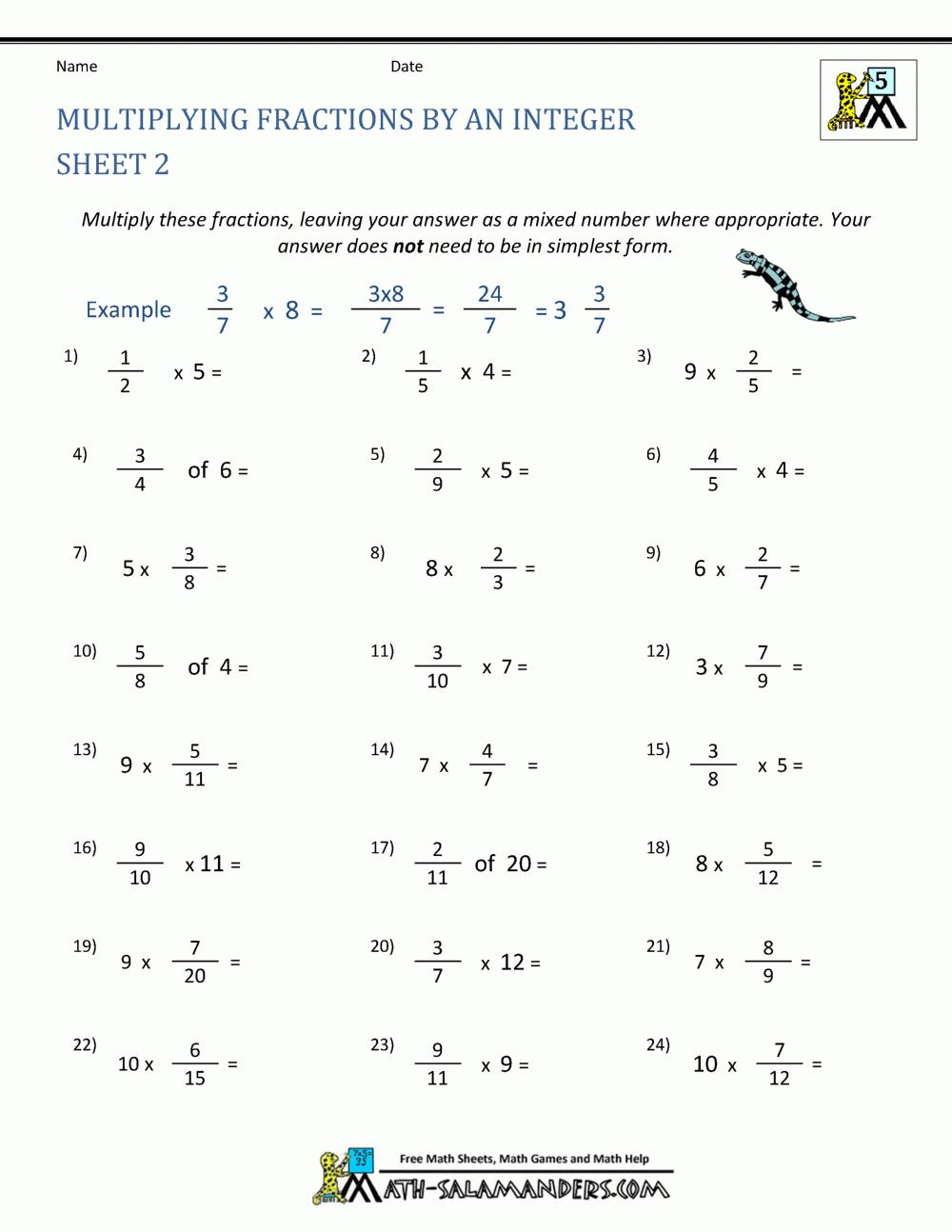 Multiplying Fractions Worksheet