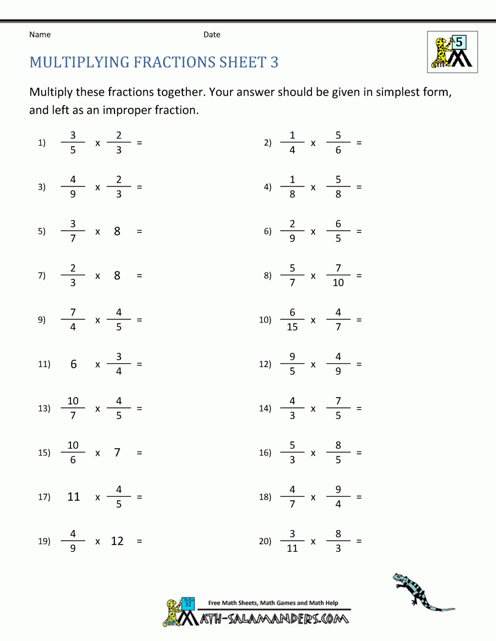 Multiplying Fractions Worksheet