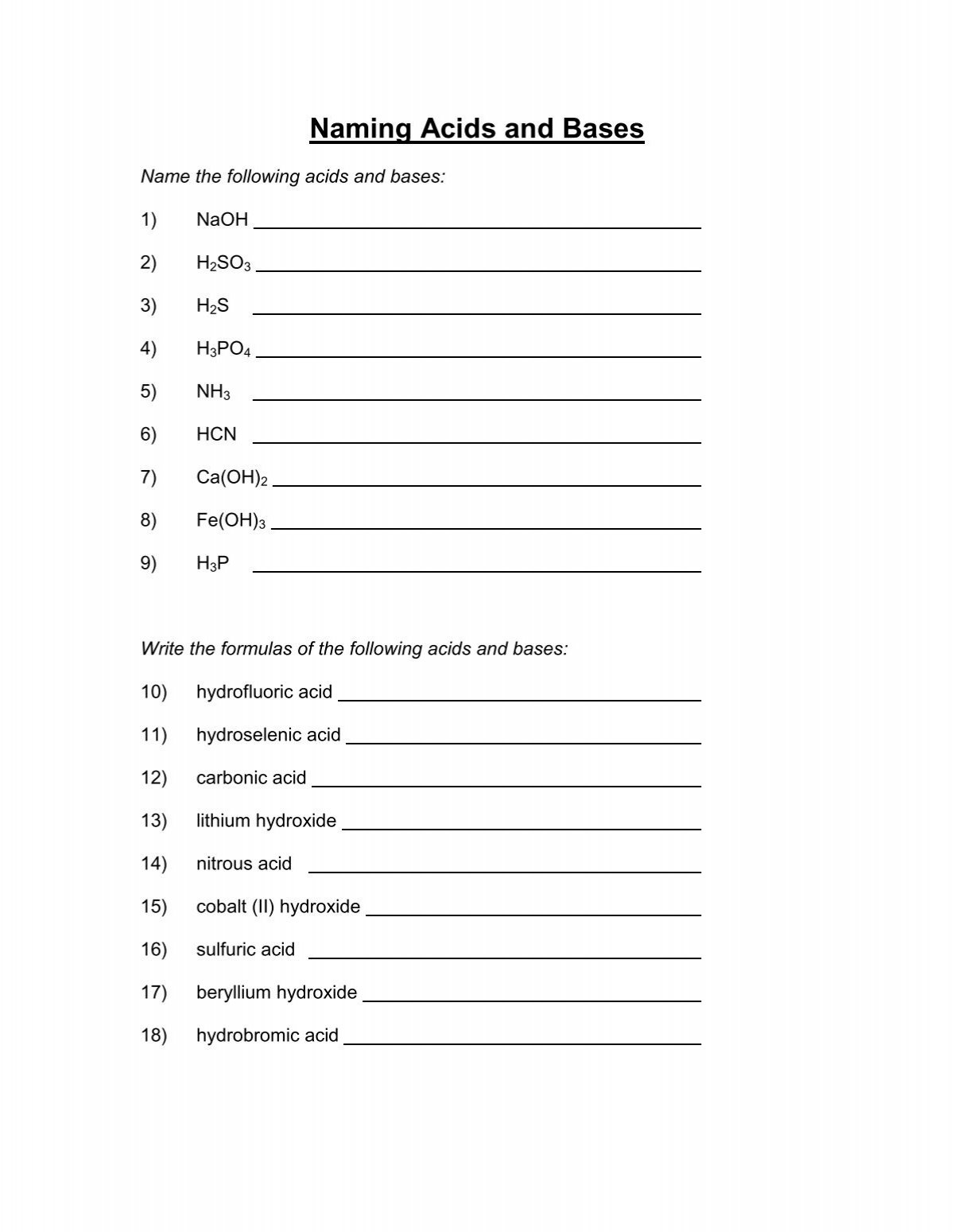 acids and bases worksheet acids and bases worksheet