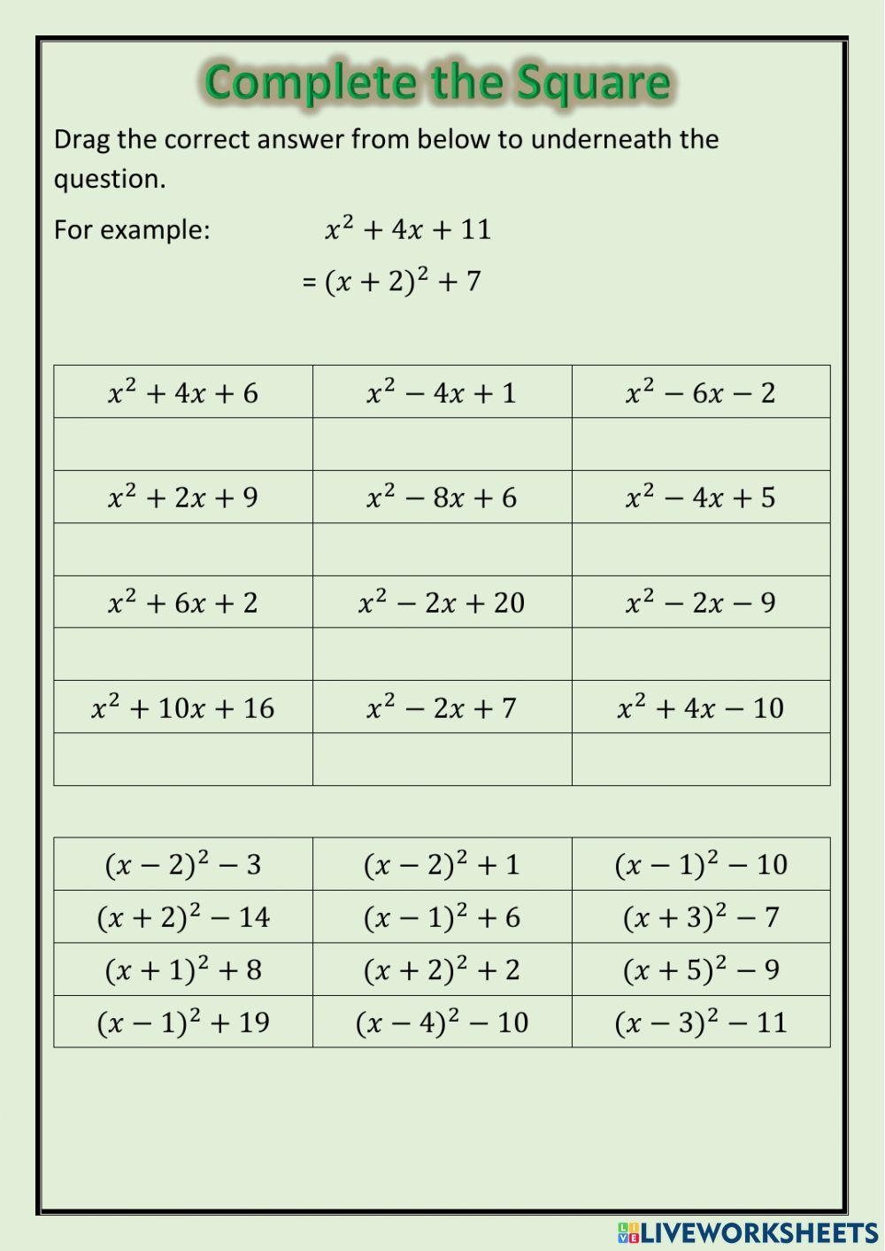 National 5 Complete The Square Worksheet Live Worksheets Worksheets Library