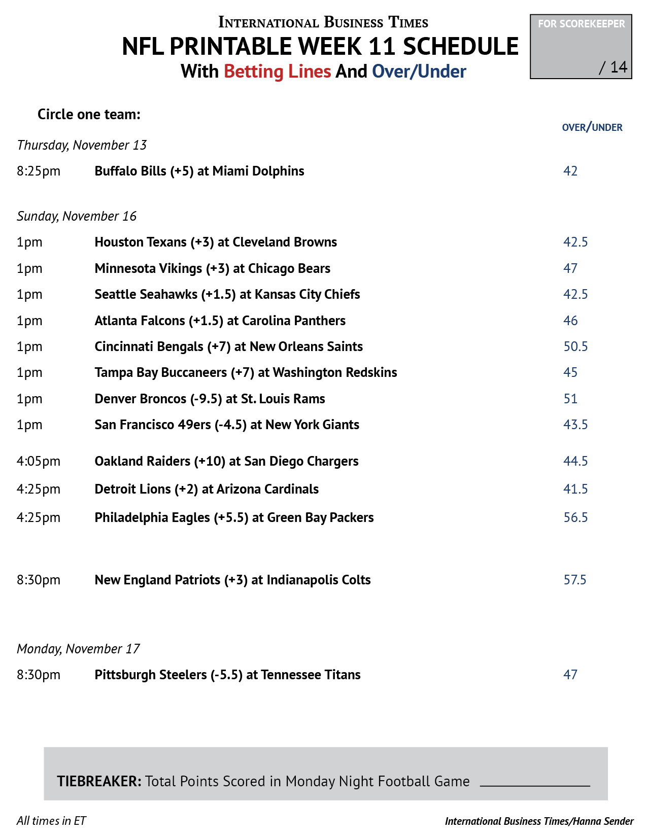 NFL Office Pool 2014 Printable Week 11 Schedule With Betting Lines And Over Under IBTimes NFL Office Pool 2014 Printable Week 11 Schedule With Betting Lines And Over Under IBTimes